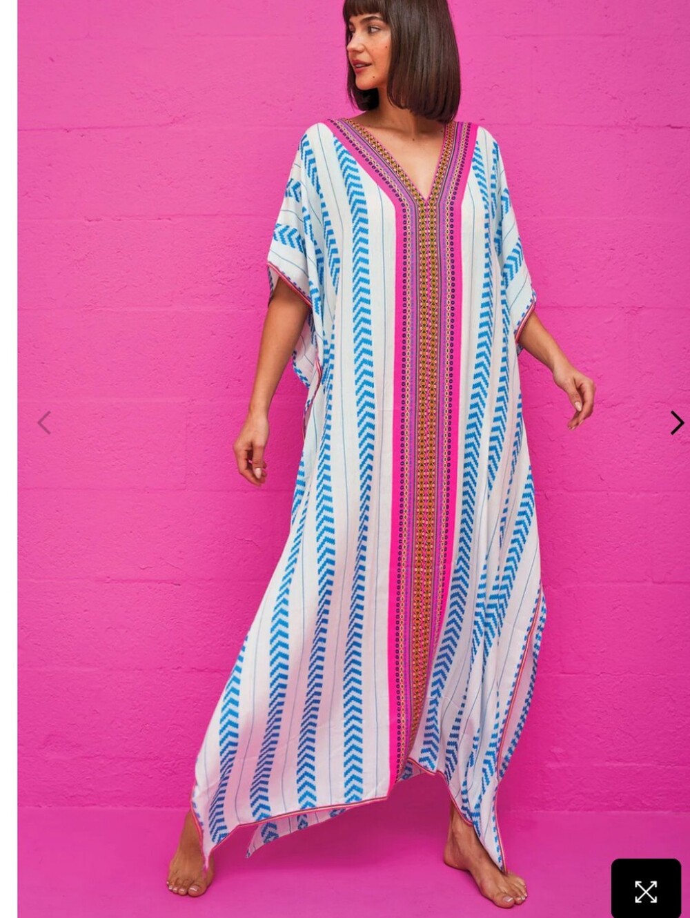 Pitusa Thobe Striped V-Neck Maxi Kaftan Luxury Resort Swim Cover Up Size Petite